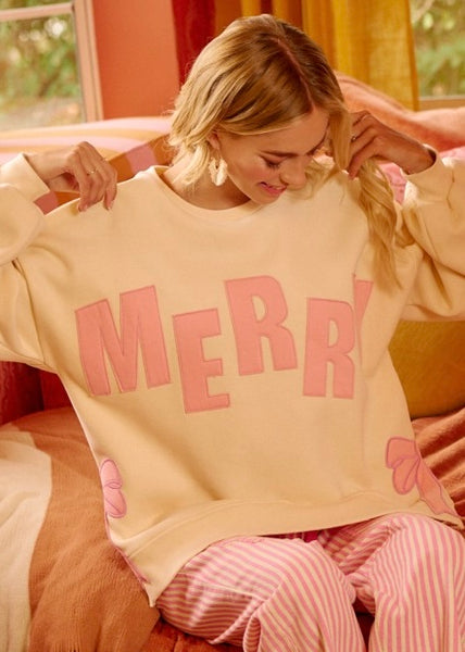 Merry Side Bow Christmas Sweatshirt - Cream/Pink