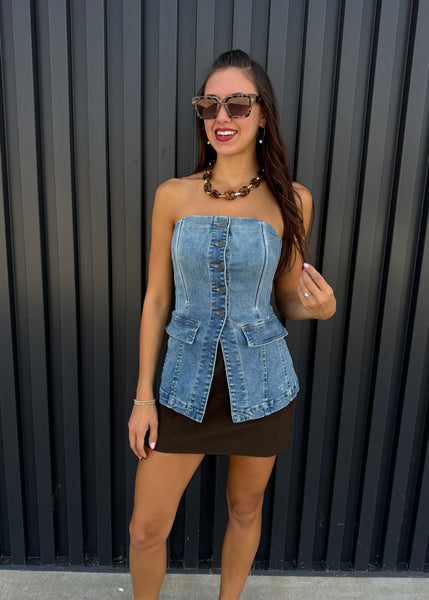 Hidden Request Denim Strapless Button Up Top