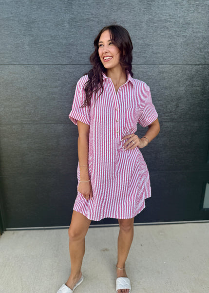 Casual Classic Red/White Striped Seersucker Shirt Dress