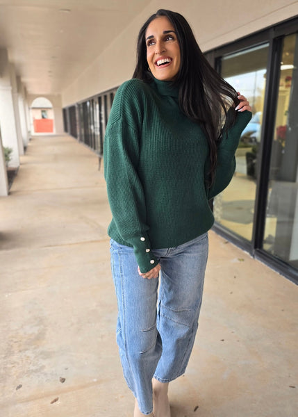 Plan For It Hunter Green Turtleneck Pearl Button Sweater