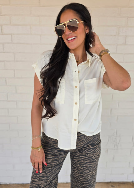 Makes Sense Off White Collared Button Up Top