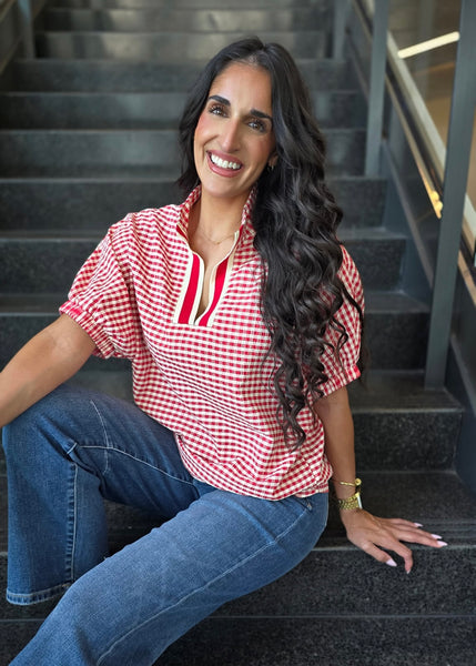It's A Gem Red Plaid Short Sleeve Blouse