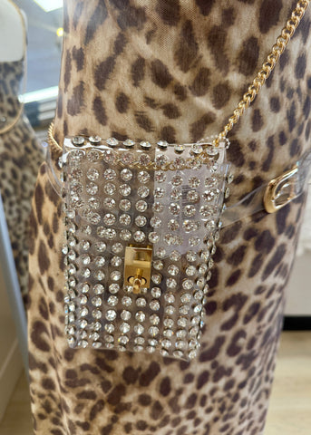 Clear Rhinestone Belt Bag With Chain