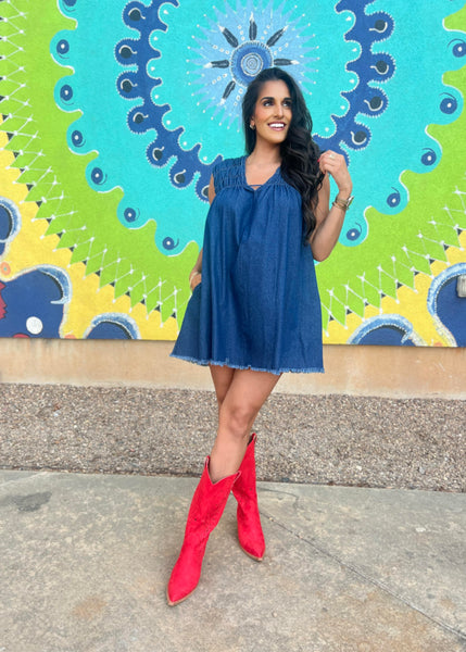 You Are Worthy Blue Denim Sleeveless Mini Dress