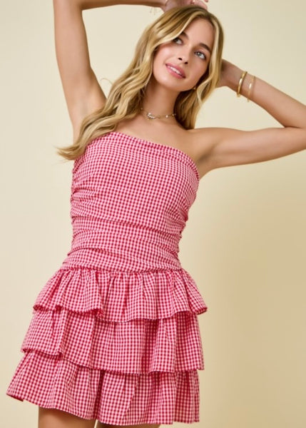 Playful Mind Red Gingham Strapless Mini Dress