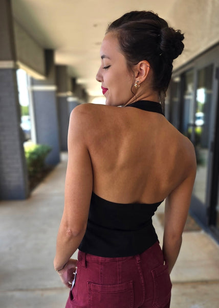 To Be Happy Black Halter Top With Gold Accent