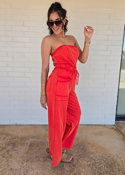 No Exposure Red Strapless Jumpsuit