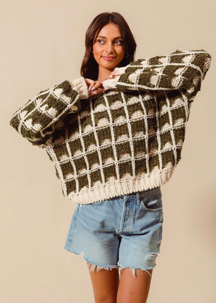 Enough Said Olive & Ivory Loose Fit Chunky Sweater