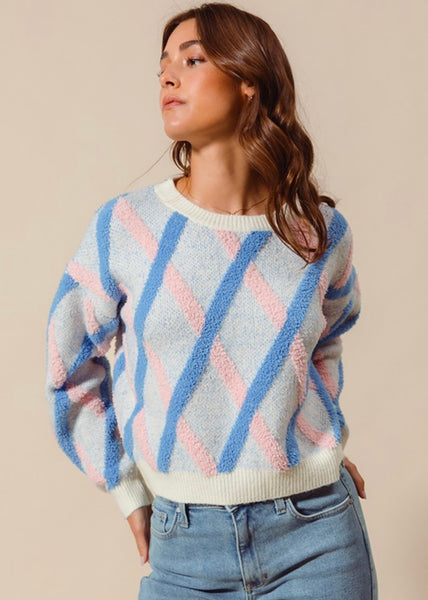 Beyond Me Blue Fluffy Diagonal Striped Sweater Top