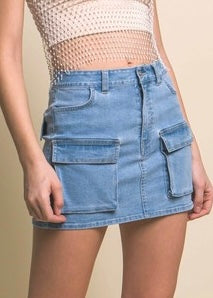 Stand Alone Light Wash Cargo Denim Mini Skirt