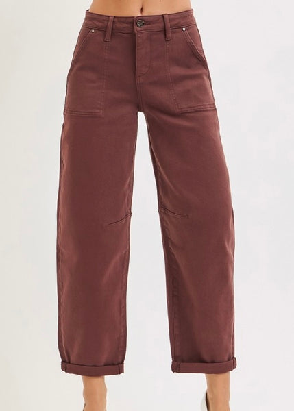 Adeline High Rise Brown Ankle Cuffed Barrel Pants