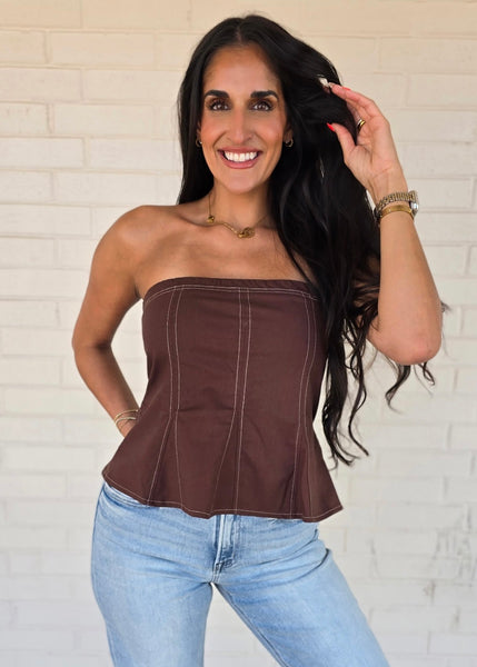 Sometimes Yes Brown Strapless Top