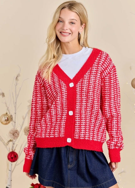 Make A Plan Red & White Fuzzy Cardigan