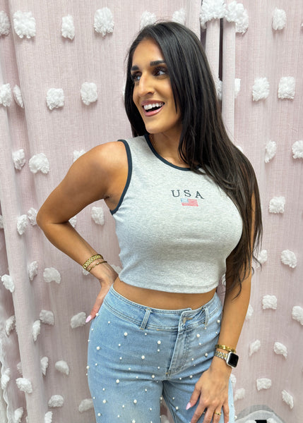 "USA" Flag Grey Ribbed Crop Tank