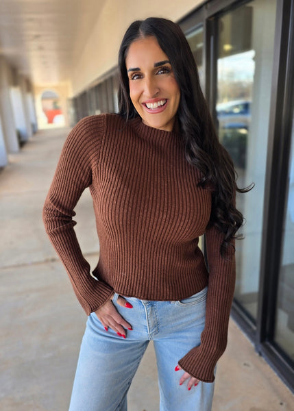 Wherever You Go Mock Neck Fitted Sweater - Chocolate Brown