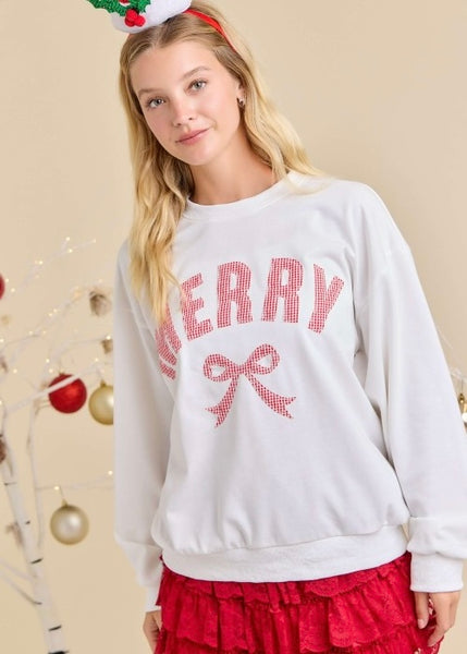 "Merry" Bow White Patched Sweatshirt