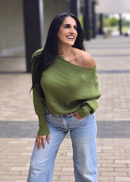 Fireside Casual Off The Shoulder Olive Waffle Knit Top