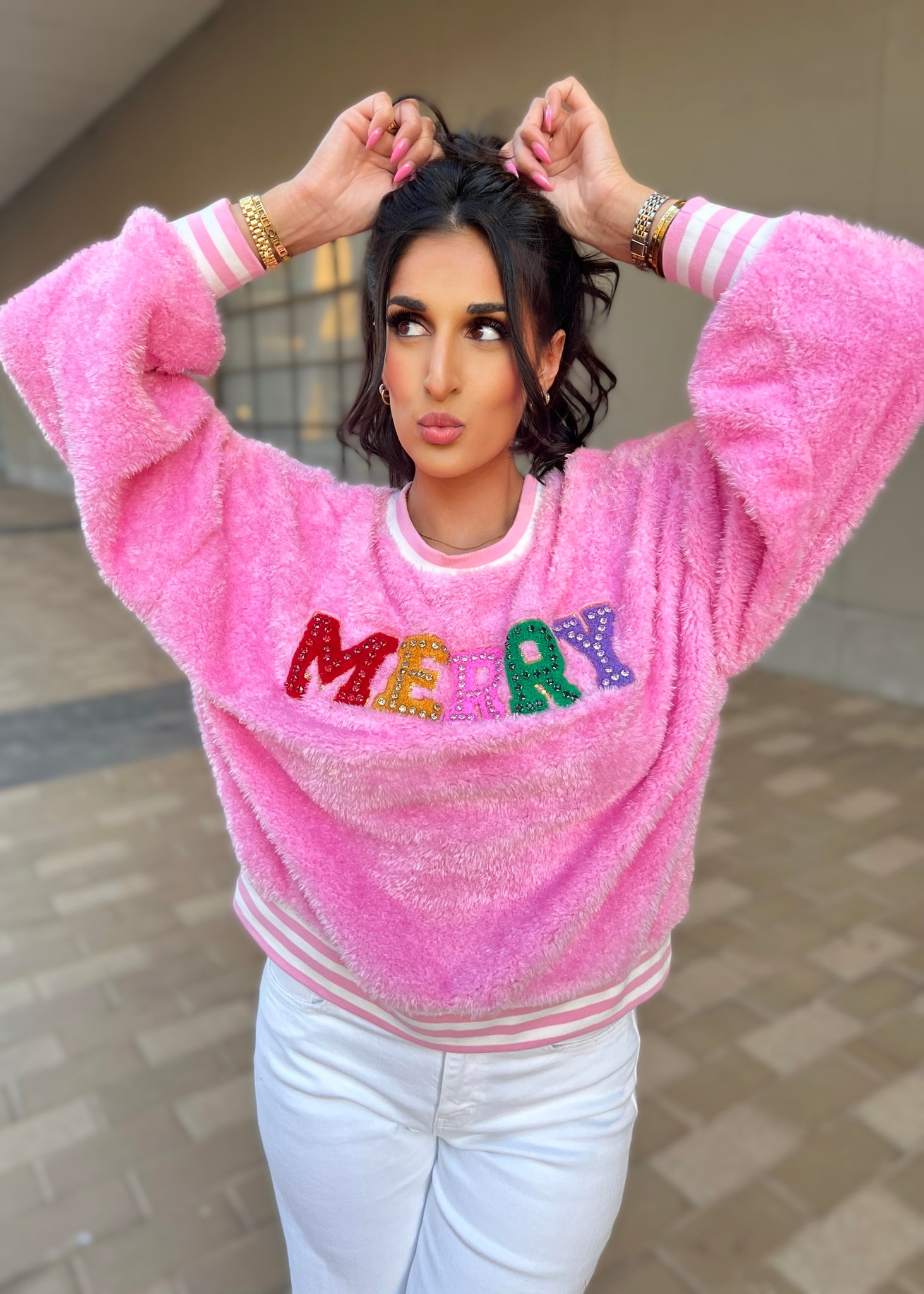 Pink Fuzzy MERRY Sweatshirt Pink Attitude Boutique