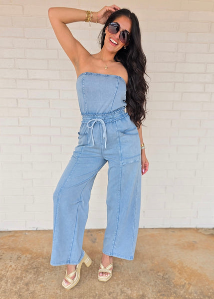 No Exposure Blue Strapless Jumpsuit