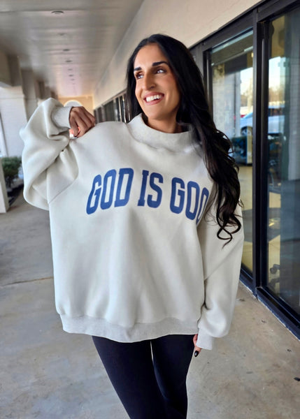 "Jesus/God Is Good" Reversible Grey Oversized Mock Neck Sweatshirt