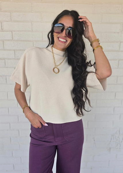 No Bother Cream Ribbed Mock Neck Sweater Top