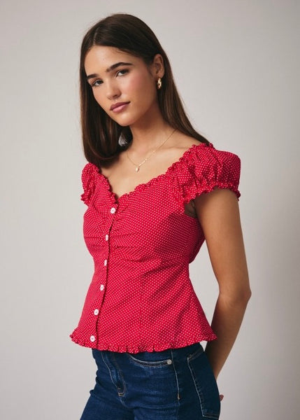 Polka Dot Fun Red Button Up Top