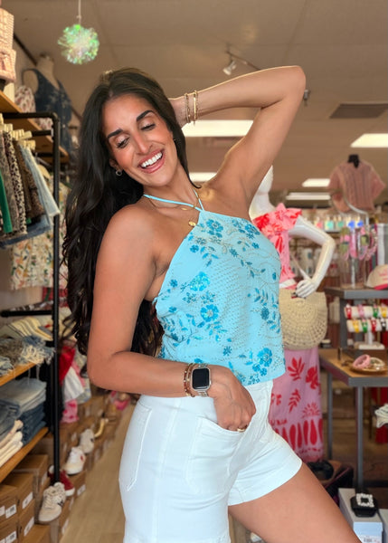 By The Beach Blue Beaded Halter Top