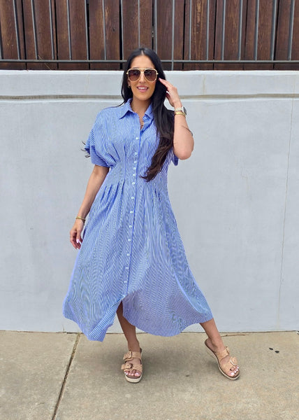 Right On Time Blue Striped Midi Dress