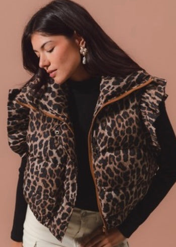 Leopard Love Ruffle Sleeve Puffer Vest