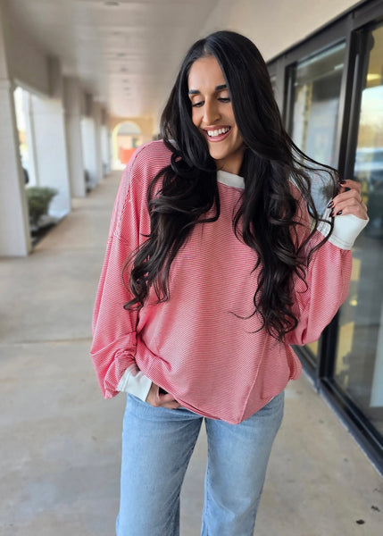 Just Wait For It Red & White Striped Knit Sweatshirt Top