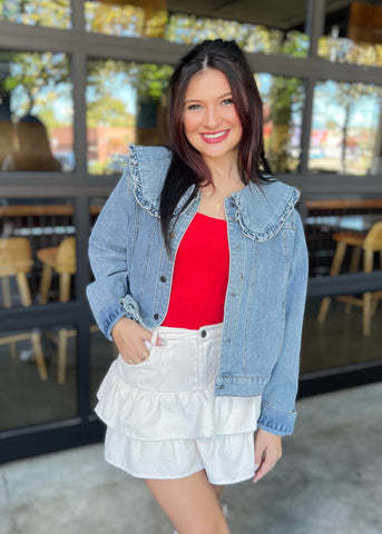 Little Bit Extra Denim Ruffle Collared Jacket