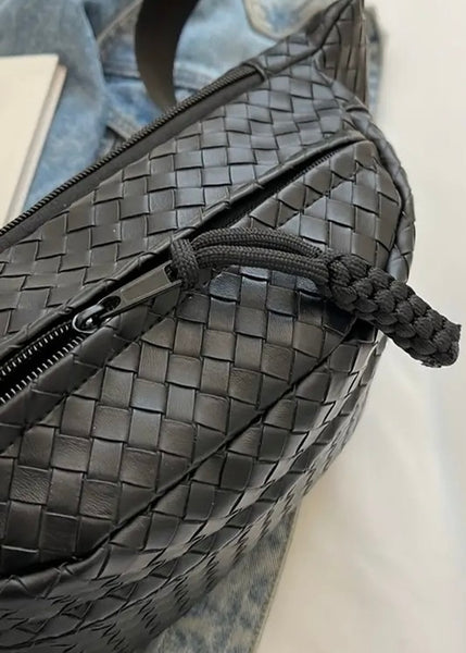 Black Woven Atlas Vegan Leather Crossbody Bum Bag