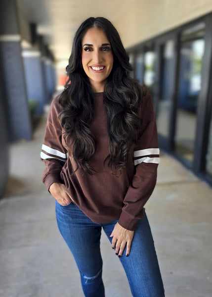 On Varsity Striped Brown Crewneck
