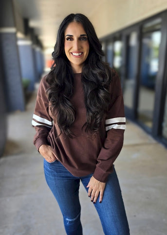 On Varsity Striped Brown Crewneck