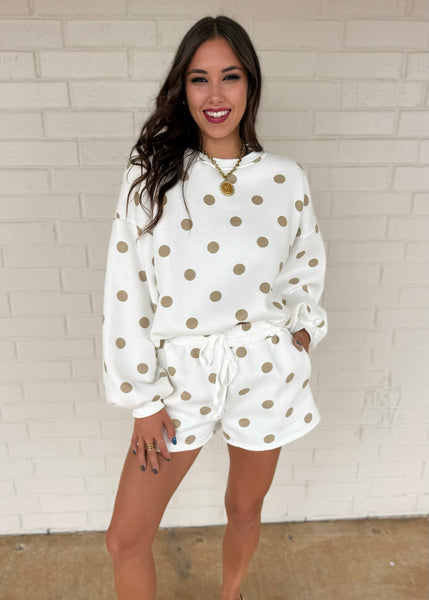 Treat Yourself White & Taupe Polka Dot Sweatshirt & Short Set