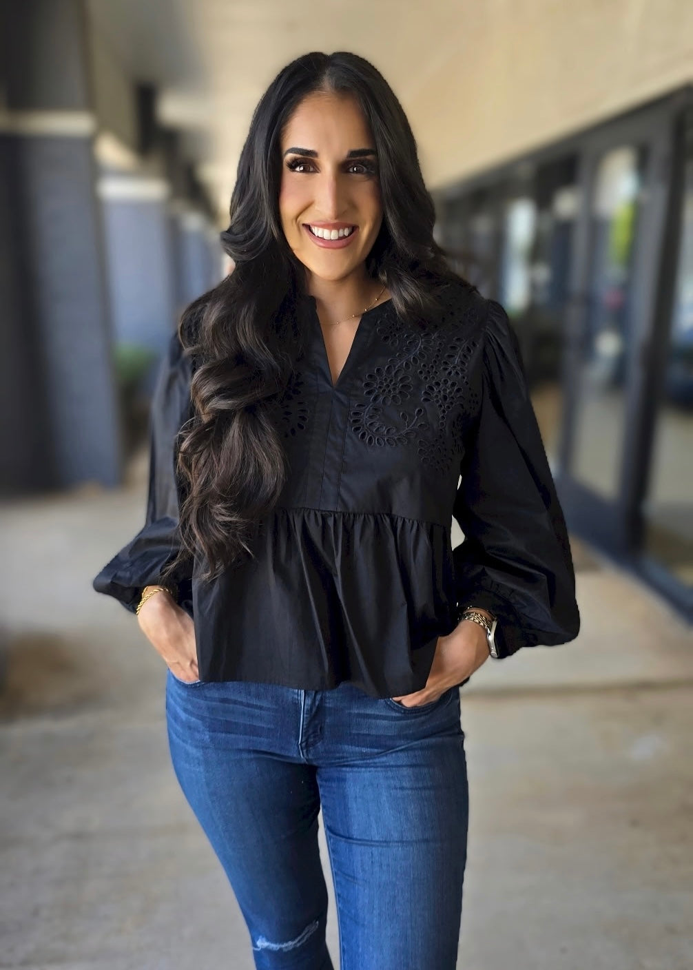 Begin Again Black Eyelet Accent Peplum Top