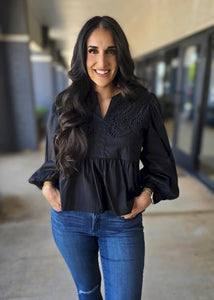 Begin Again Black Eyelet Accent Peplum Top