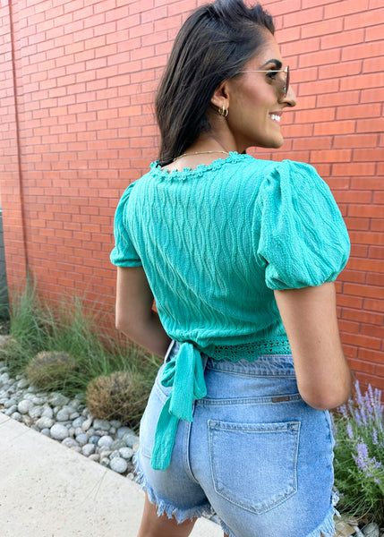 Your A Gem Emerald Lace Trim Back Tie Top