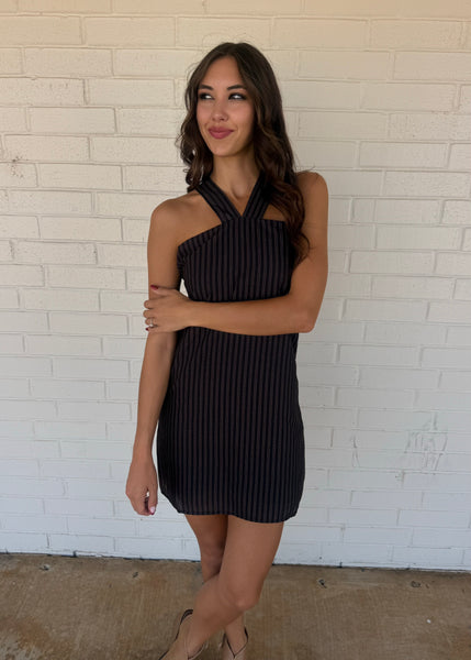 Fine Lines Black Pin Striped Halter Dress
