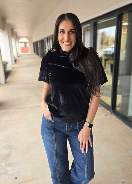 Dinner Plans Black Velvet Puff Sleeve Top
