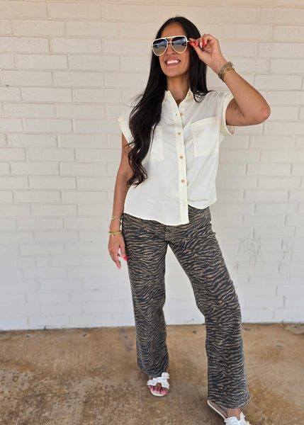 Makes Sense Off White Collared Button Up Top