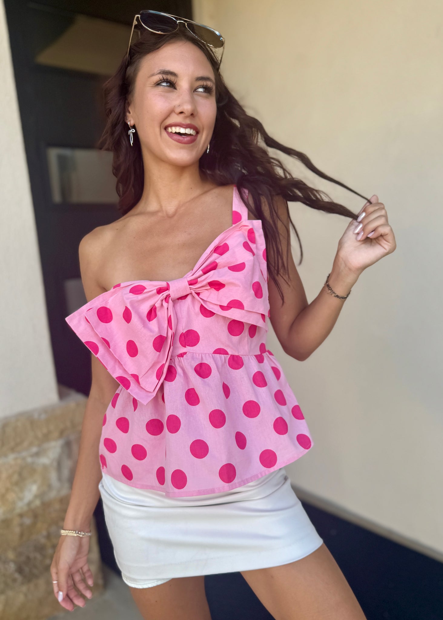 Flirty Fun Pink Polka Dot One Shoulder Top