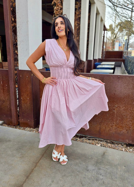 Spring Is In The Air Pink Striped Midi Dress