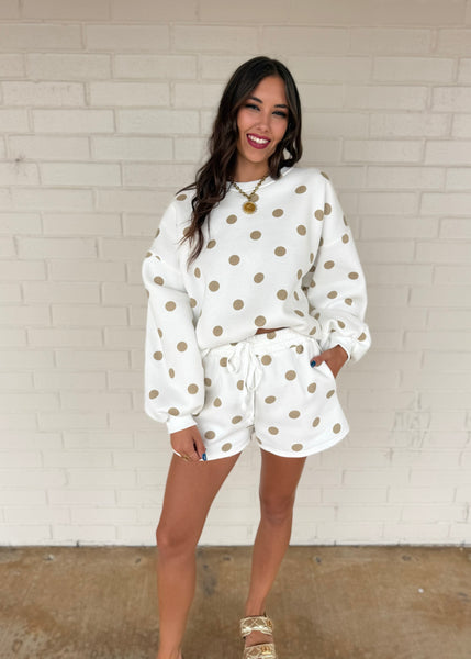 Treat Yourself White & Taupe Polka Dot Sweatshirt & Short Set
