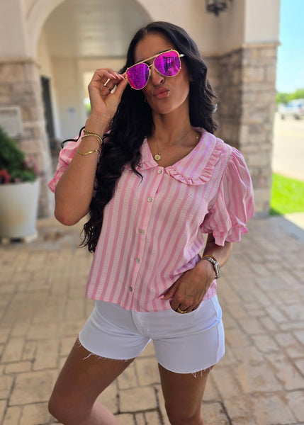 Going Out Pink Striped Puff Sleeve Top
