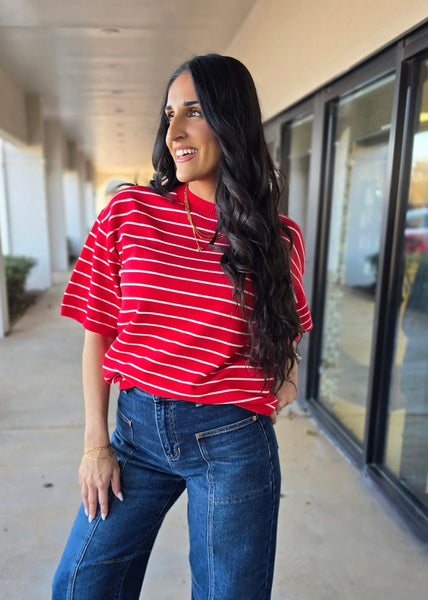 Saturday Stripes Red/ White Striped Short Sleeve Sweater