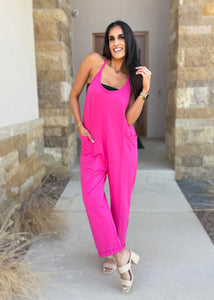 Subtle Stride Hot Pink Spaghetti Strap Pocketed Jumpsuit