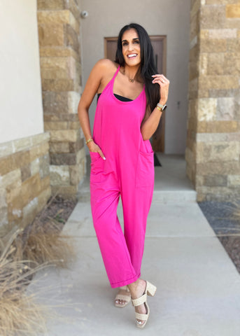 Subtle Stride Hot Pink Spaghetti Strap Pocketed Jumpsuit