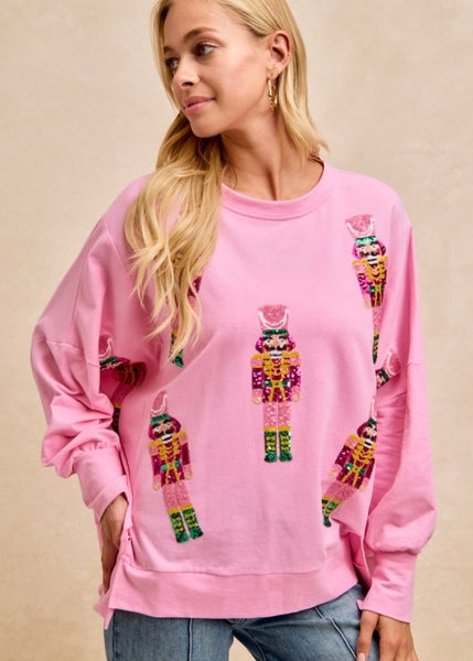A Pink Christmas Sequin Nutcracker Pullover