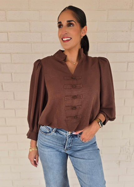Off To New Places Brown Bubble Hem Top